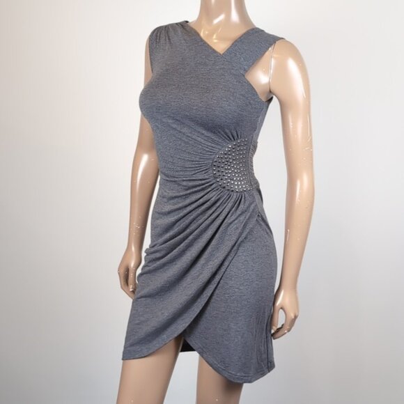 Vintage Y2K Dynamite Faux Wrap Dress Studded Gathered Asymmetric Mini Bodycon - Picture 3 of 14